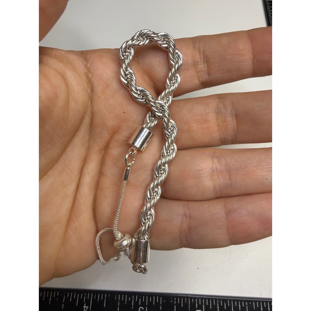 Silver Tone Adjustable Rope Chain Bracelet Slider Toggle Logo Charm
